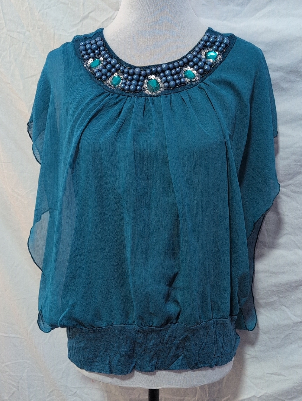ME Makeover Essentials Teal Beaded Chiffon Tunic